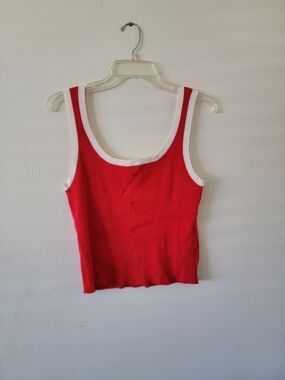 Red Ribbed Tank Top with White Trim - Women's Casual Crop